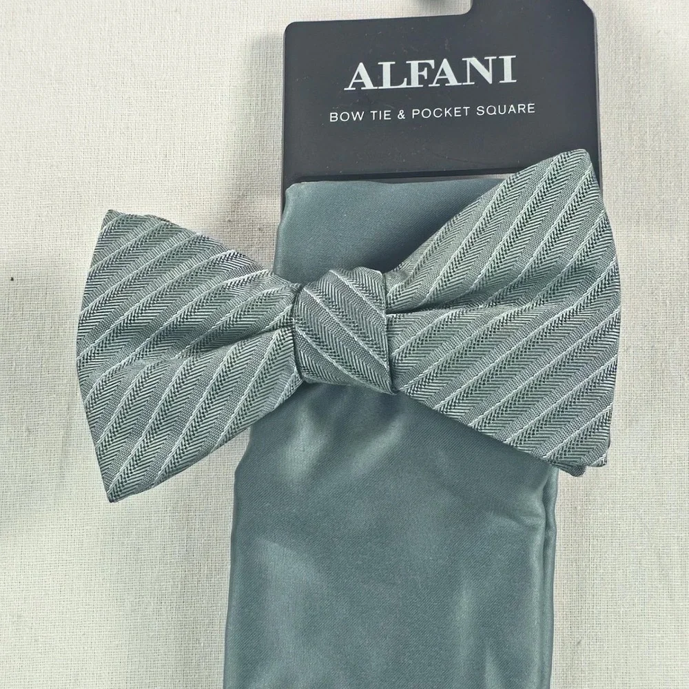 Alfani Mens Bow Tie & Pocket Square Set OS Green Herringbone Formal Necktie NWT